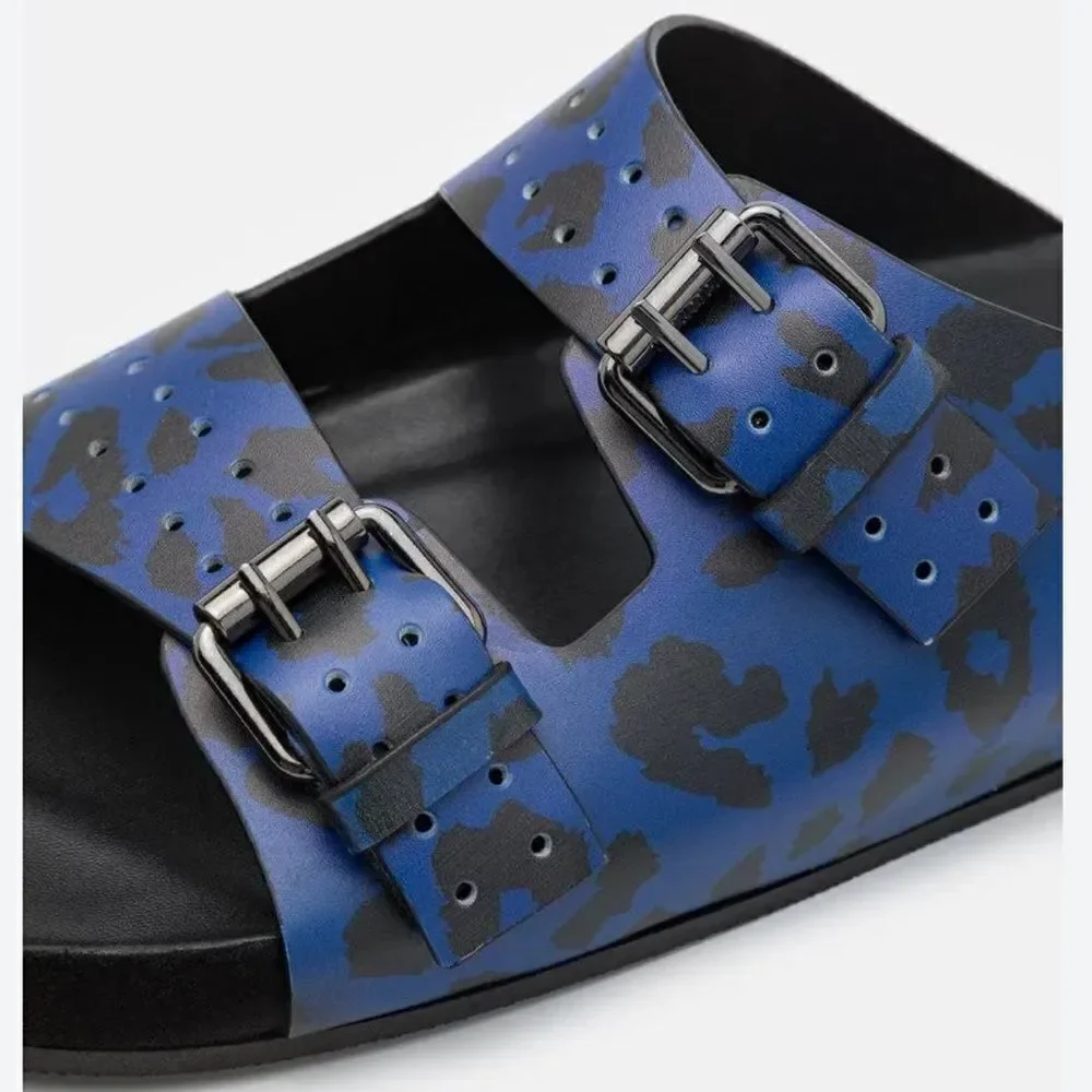 THE KOOPLES BLUE LEATHER LEOPARD-PRINT SANDALS NIB size 41